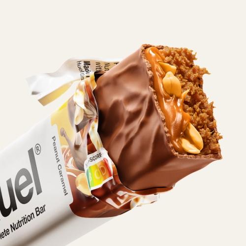 Close up of Peanut Caramel Complete Nutrition Bar featuring nutriscore 