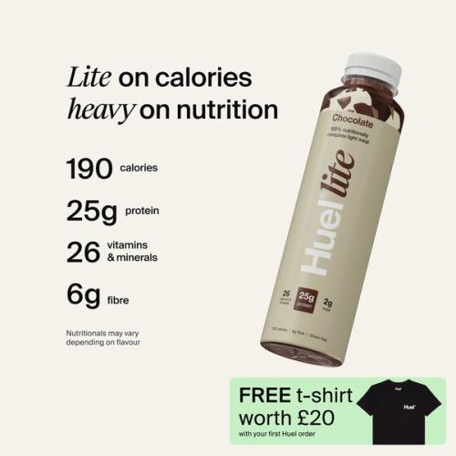 A picture of a Huel's lite ready-to-drink can with nutrition callouts