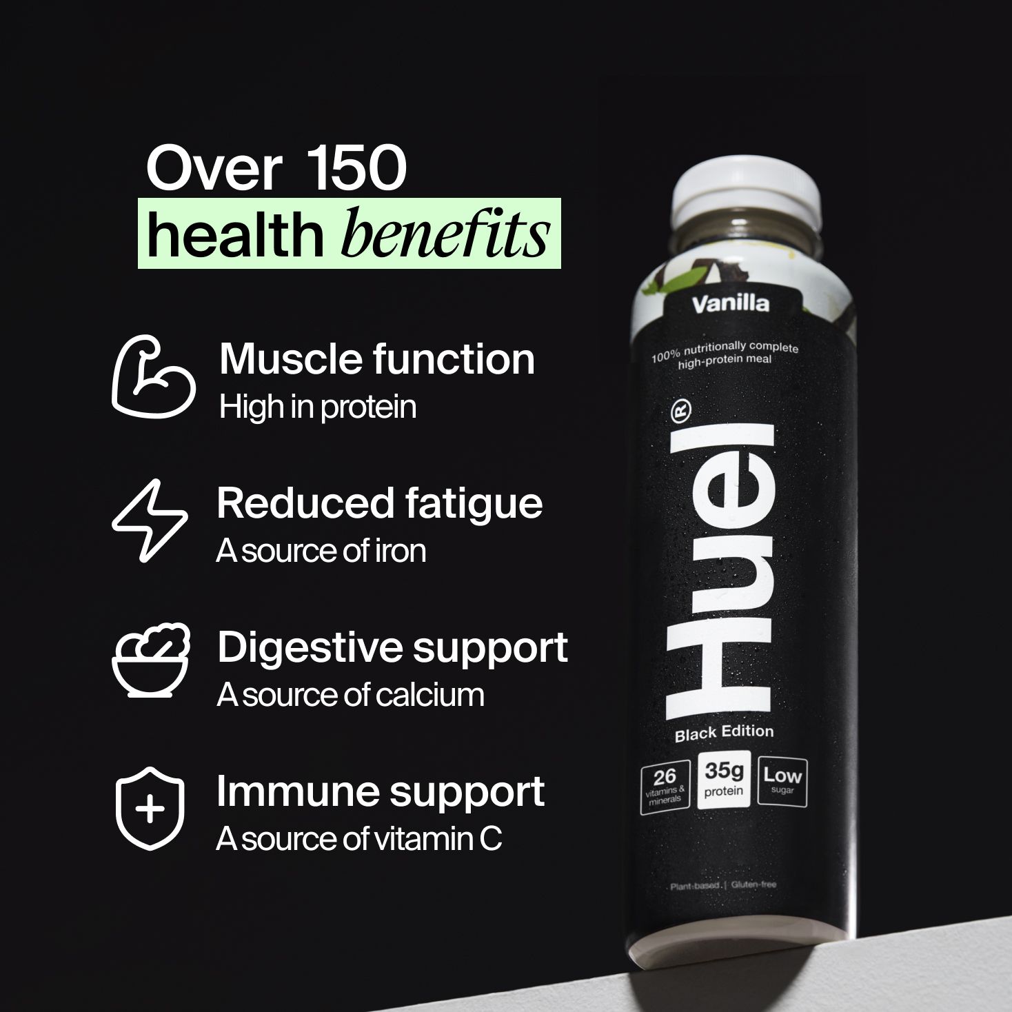 Bottle of Huel Ready-to-drink with health benefits written beside it