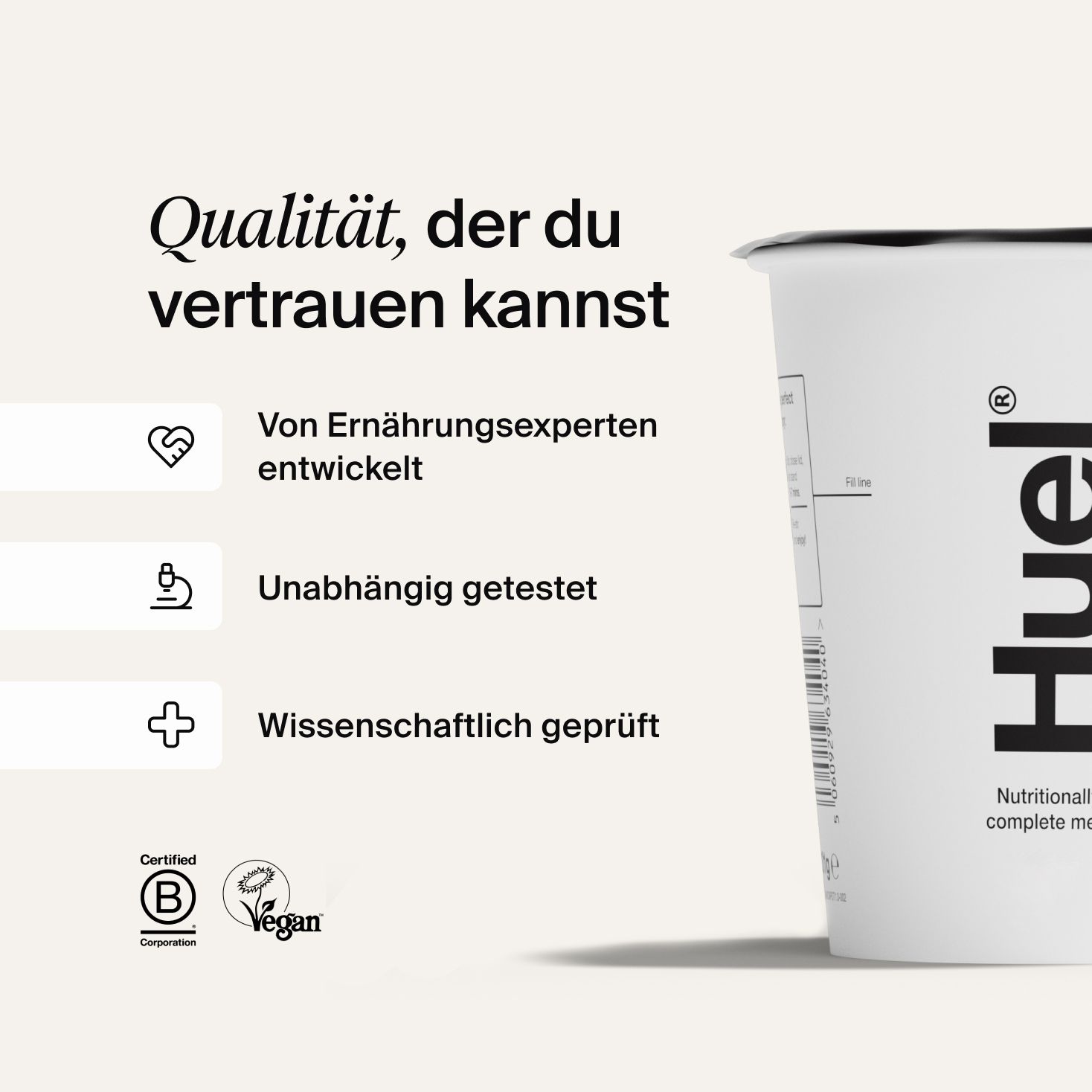 A white Huel pot on an off-white coloured background with callouts explaining Huel's scientific credentials