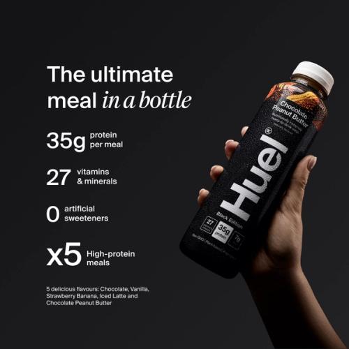 A bottle of Huel Black Edition Ready-to-drink next to nutritional callouts