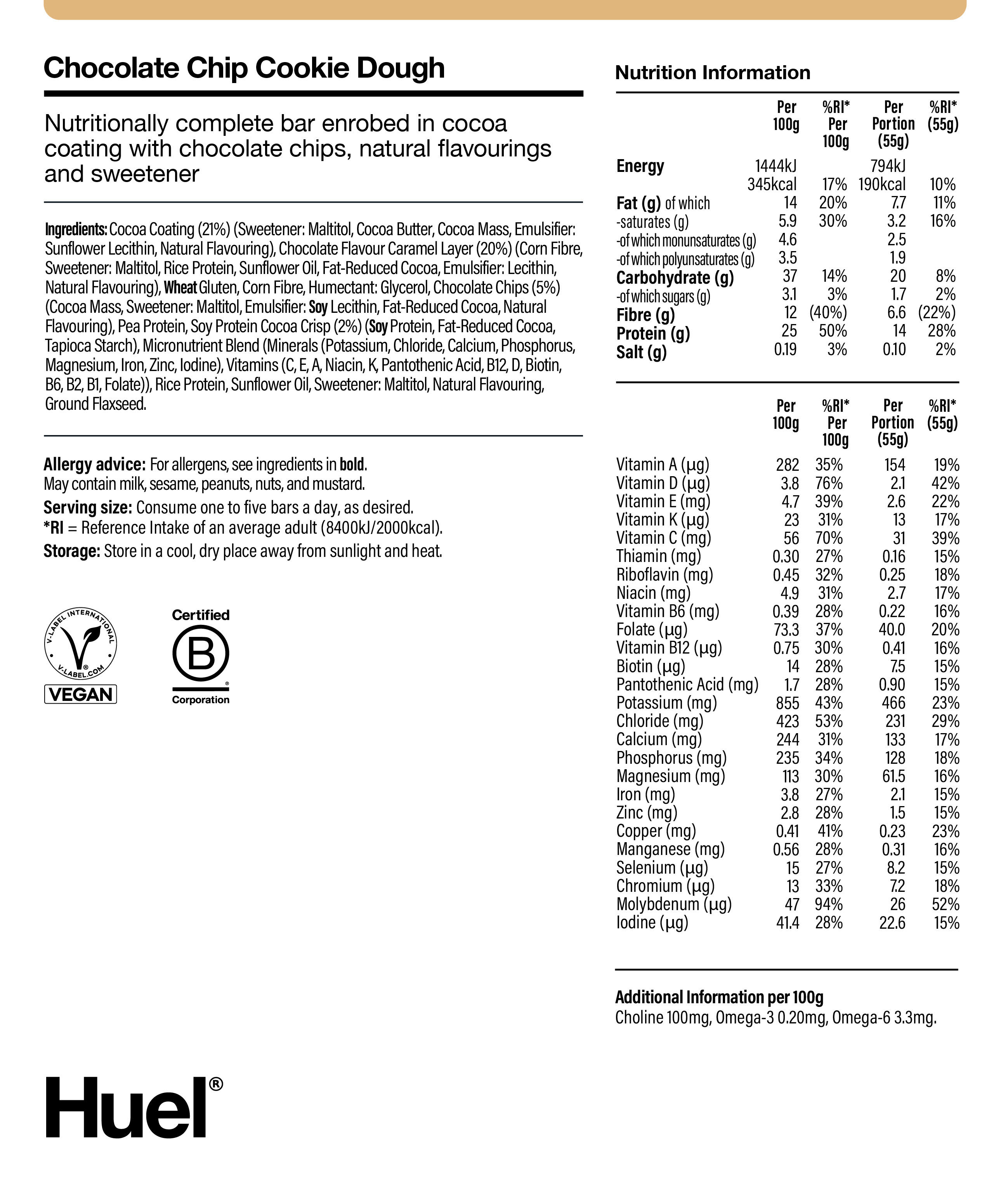 Complete Nutrition Bar Chocolate Chip Cookie Dough BOP Nutritional Info