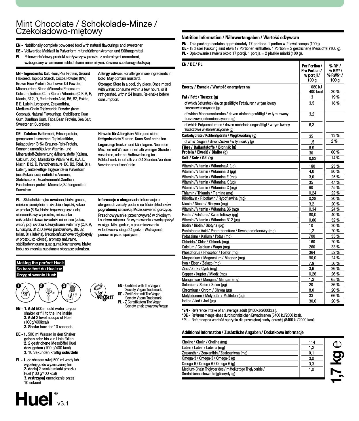 Czekolada w proszku miętowa BOP Informacje żywieniowe
