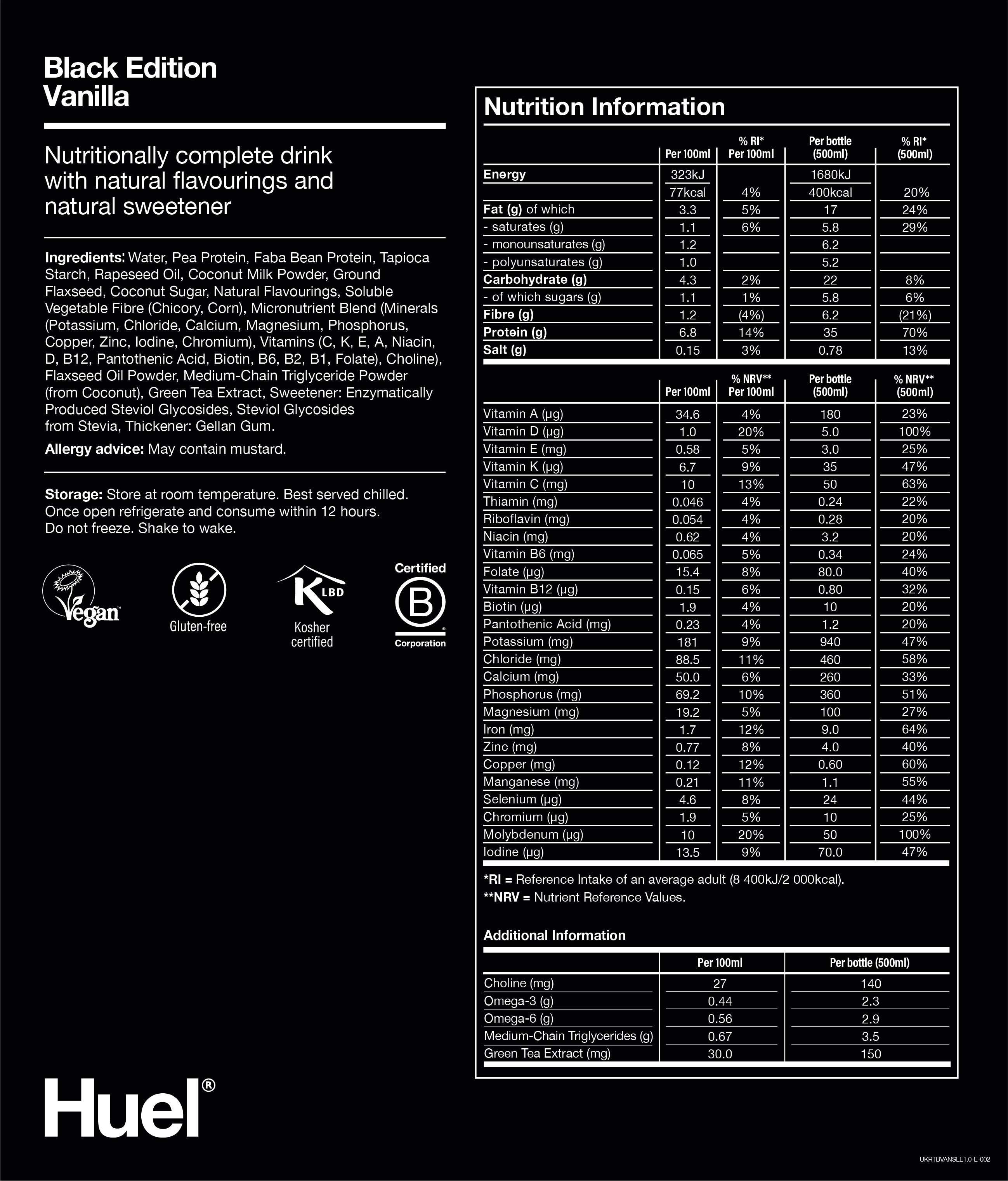 Nutritional information for Black Edition Huel RTD - Vanilla