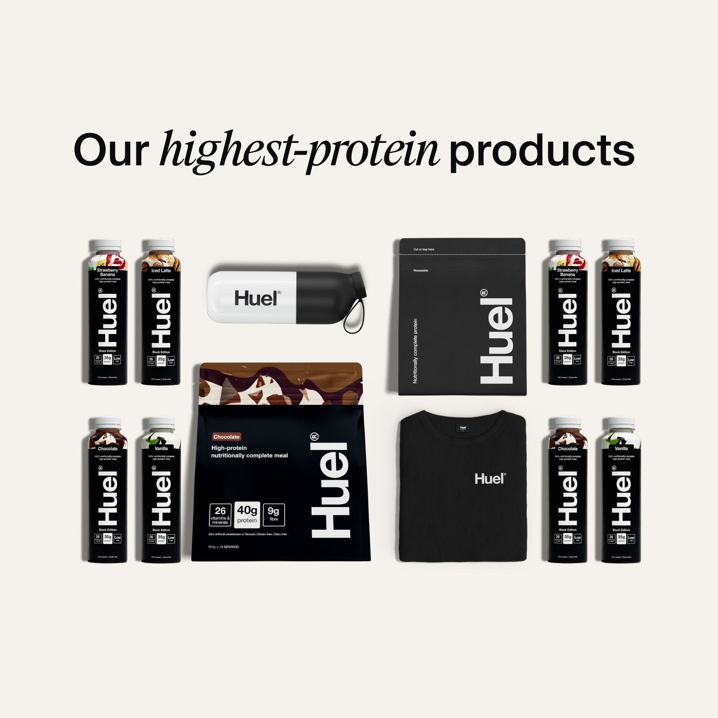 A flat lay image of all the products in the Huel High-Protein Bundle