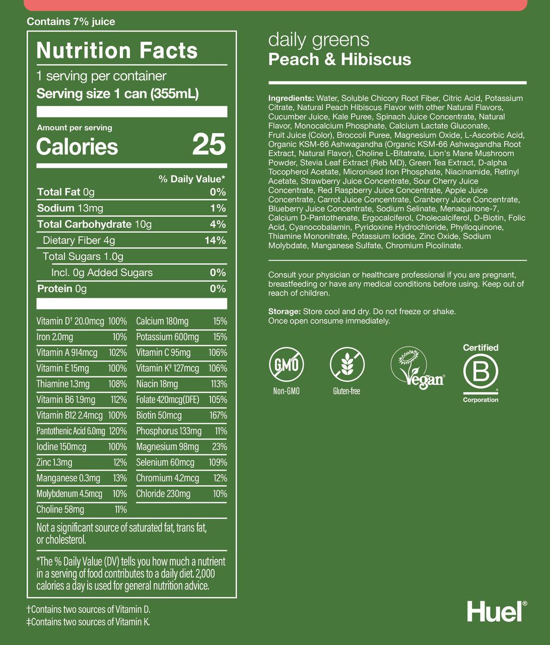 Nutritional label for Daily Greens RTD Peach & Hibiscus 