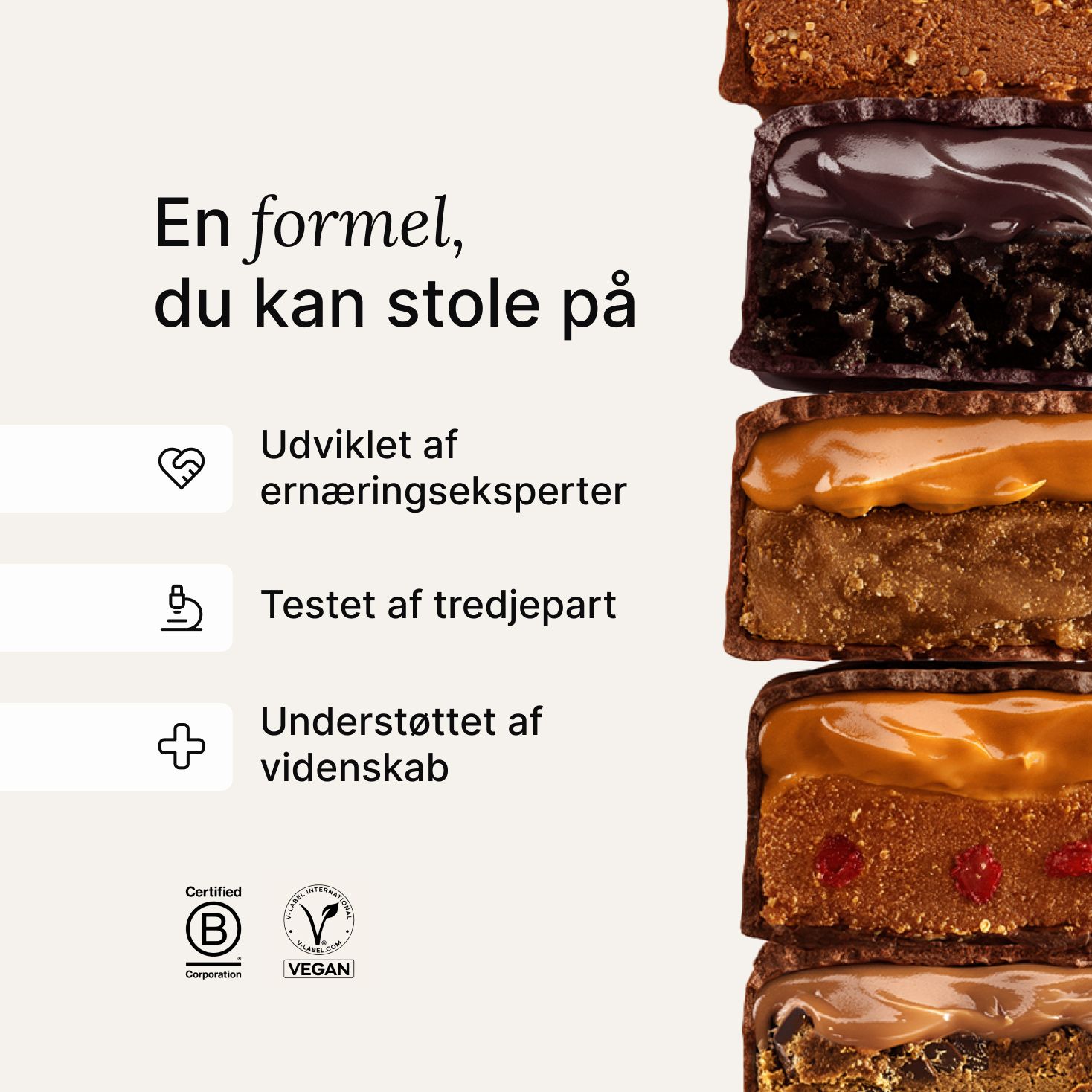 A stack of Huel caramel and peanut bars next to scientific claims about Huel products