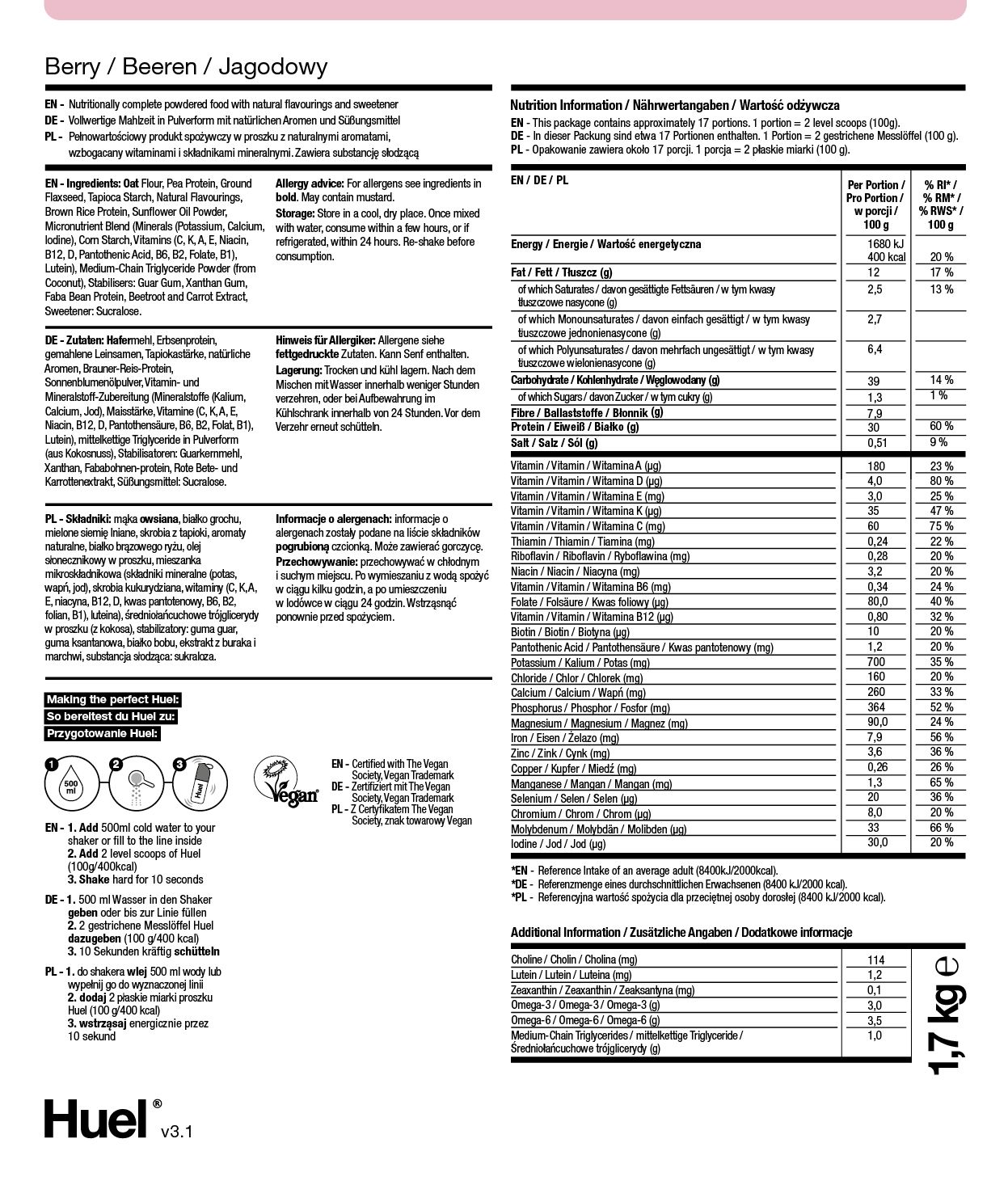 Informacje żywieniowe dotyczące proszku jagodowego BOP