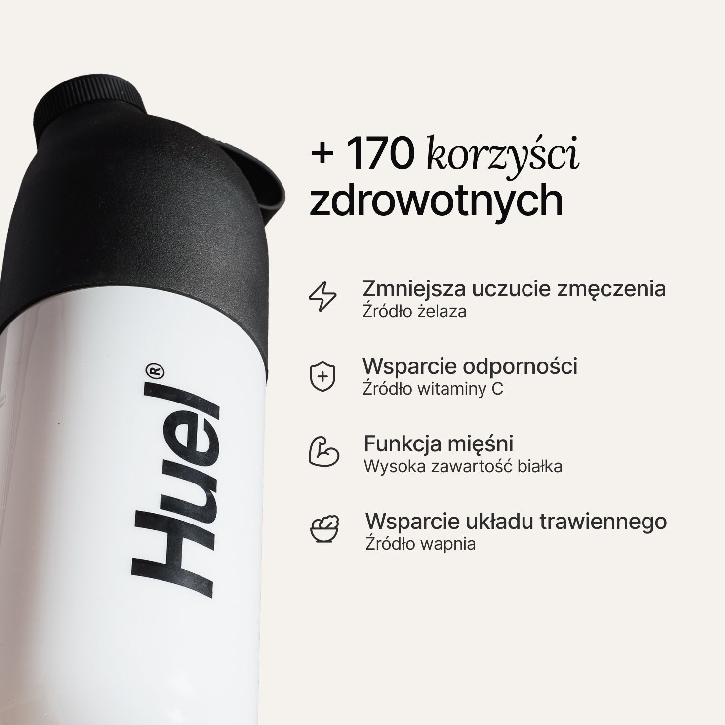 Czarno-biały shaker Huel na neutralnym tle z korzyściami zdrowotnymi wypisanymi obok.