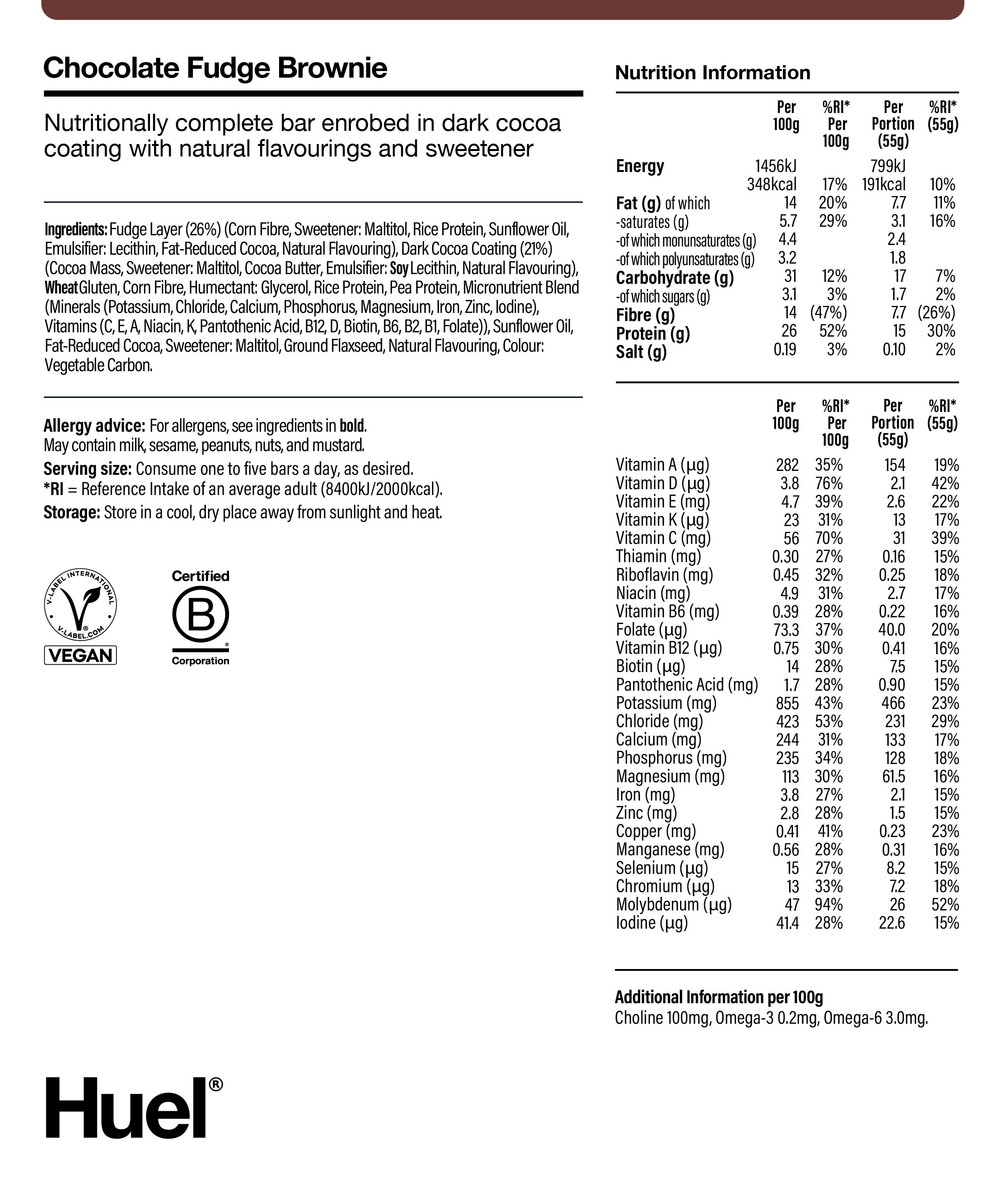 Nutritional information for Huel Complete Nutrition Bar - Chocolate Fudge Brownie