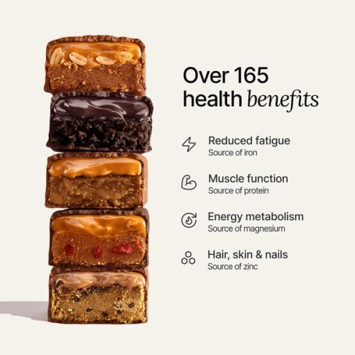 An image of a stack of Huel Complete Nutrition Bars next to text outlining key health benefits