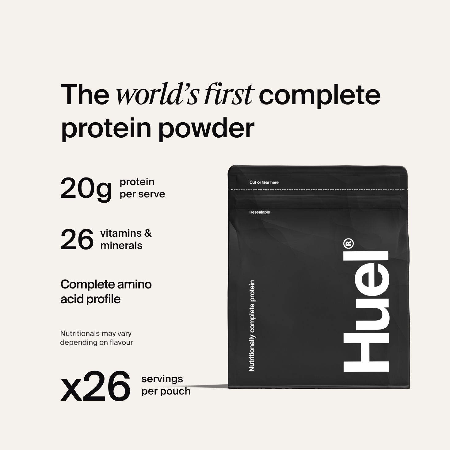 A bag of Huel Complete Protein meal powder 