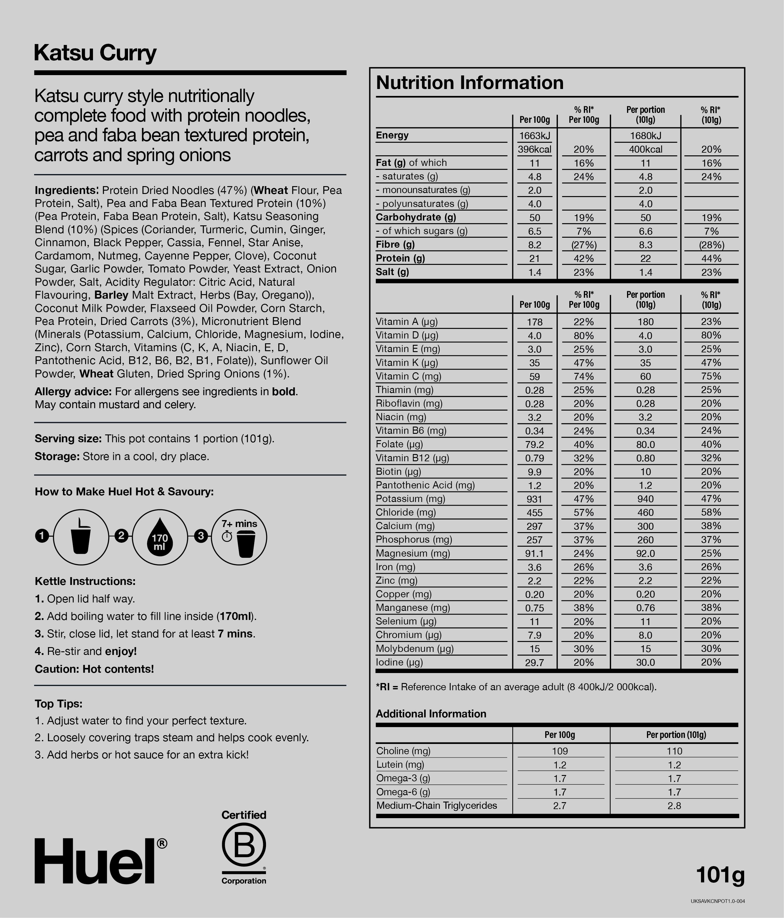 Nutritional information for Huel Hot & Savoury Pots-  Katsu Curry Noodles