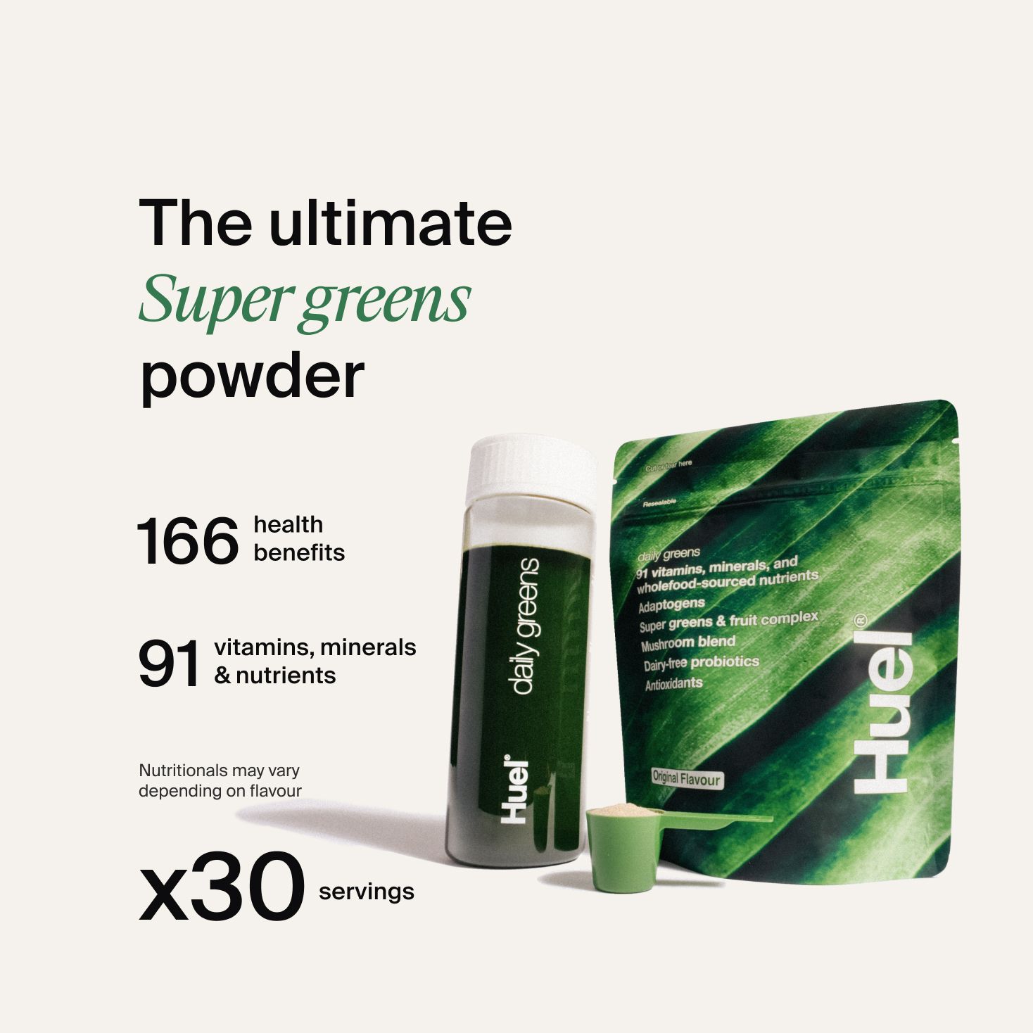 Huel Greens Powder with a Huel Greens bottle next to nutritional callouts, on a neutral background