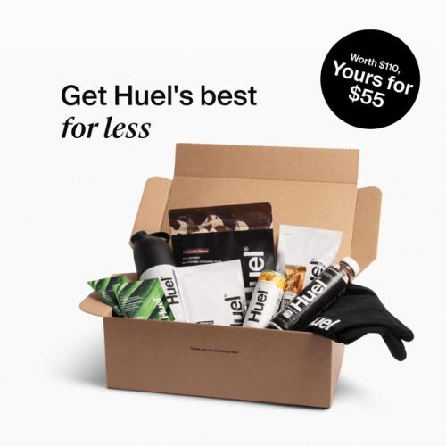 A selection of Huel products featured in the Discovery Bundle- Black Edition 10-serve, Black Edition Ready-to-drink, Daily Greens Travel Packs, Hot & Savory Meal Packs, Complete Nutrition Bar, and Energy+