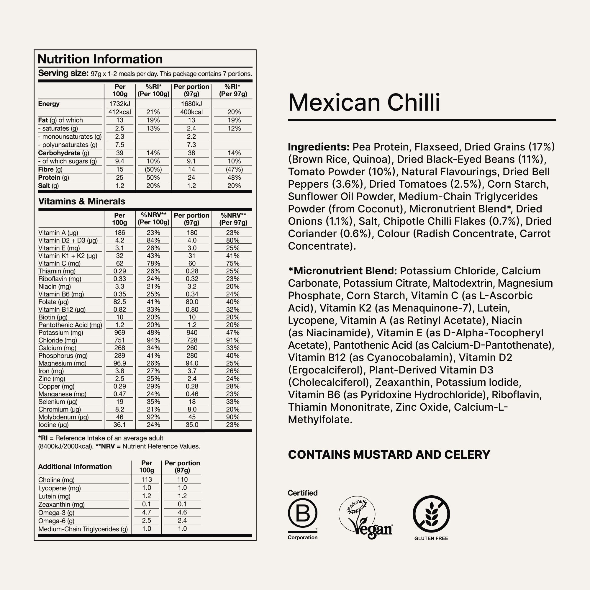 Back of a Huel Hot & Savoury meal pack with nutritional information