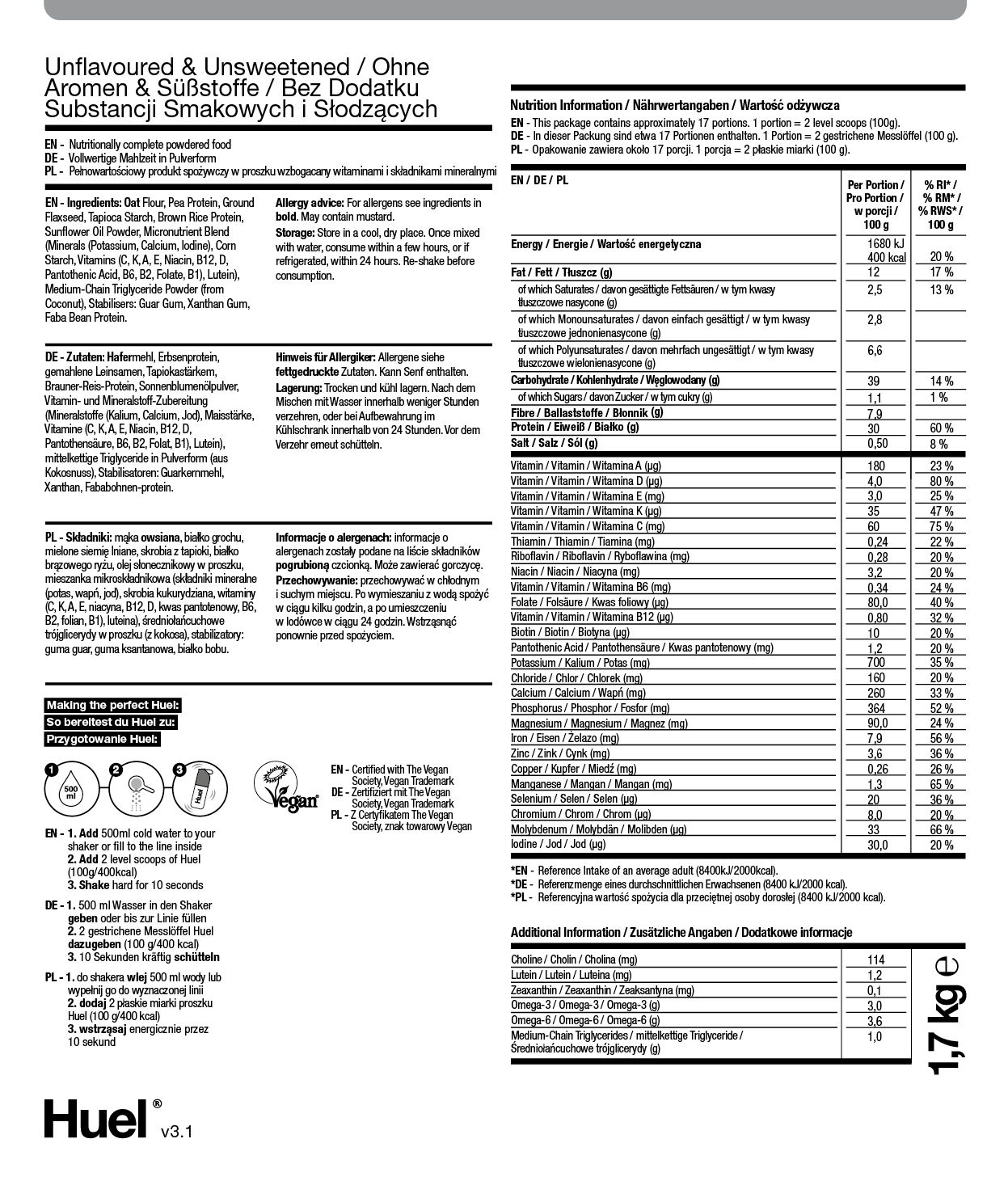 Proszek bezsmakowy i niesłodzony BOP Informacje żywieniowe