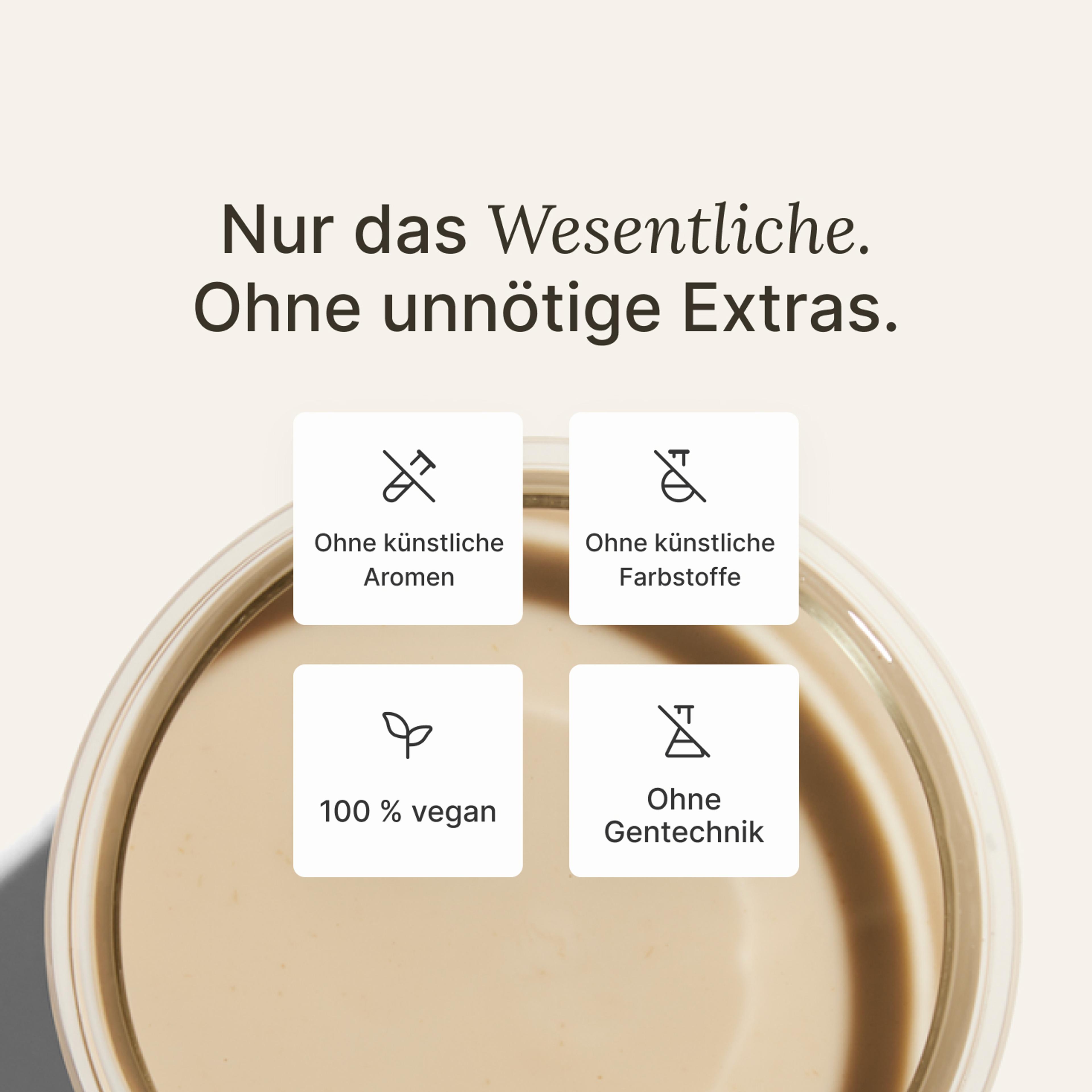 image of a glass of Huel meal replacement drink on a neutral colour background with key health benefits