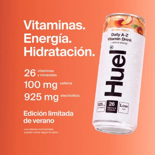 Alt, caffeinated flavours: Huel Daily A-Z Vitamin Drink can, alongside text highlighting 26 vitamins and minerals, 100mg caffeine, 925mg electrolytes, and low sugar.