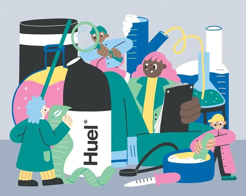  Colorful illustration of cartoon scientists examining a giant Huel Shaker, surrounded by oversized lab equipment, beakers, a clipboard, syringe, and a mixing bowl. The playful scene suggests scientific testing or innovation in nutrition.