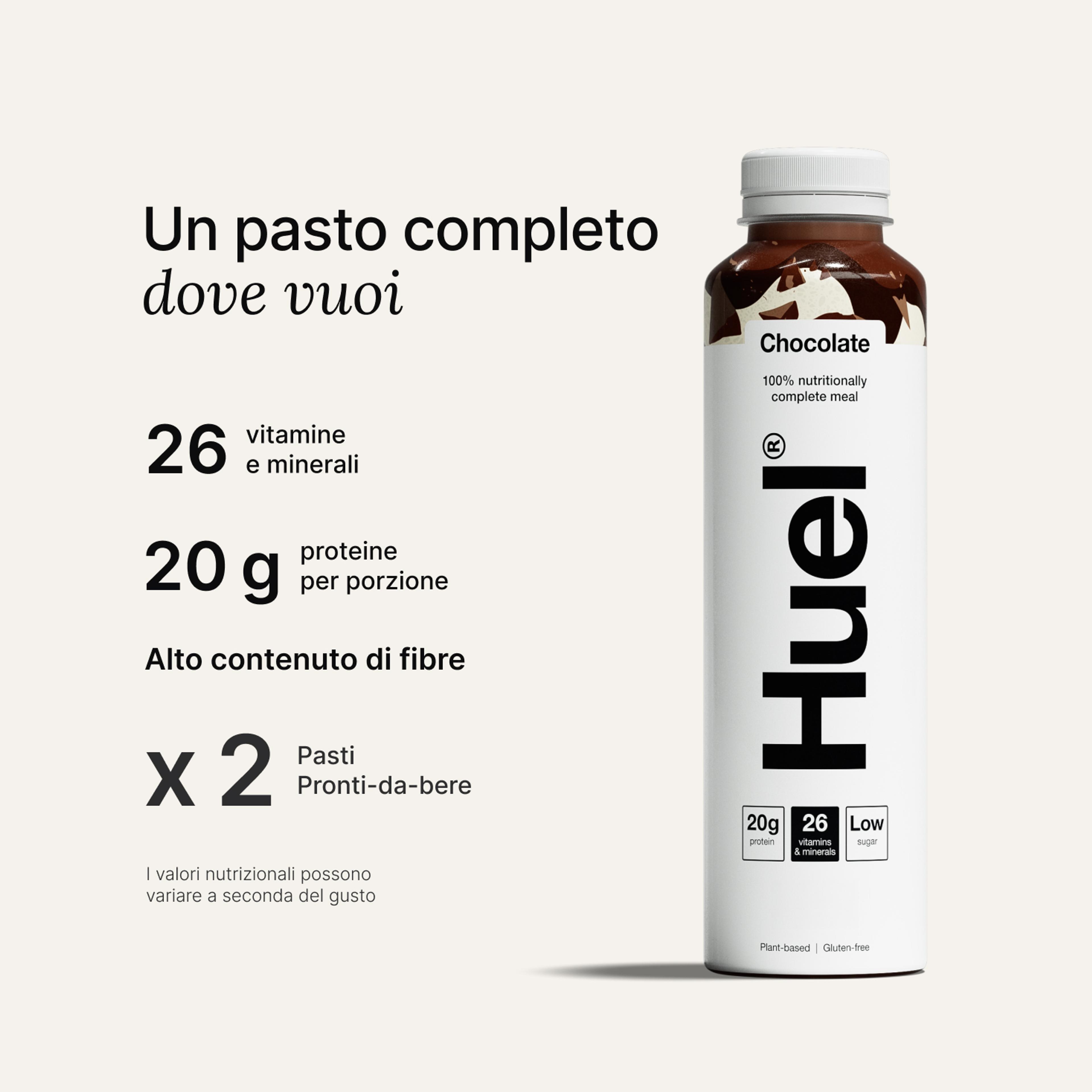 Una bottiglia di Chocolate Huel, bevanda pronta da bere ad alto contenuto proteico.