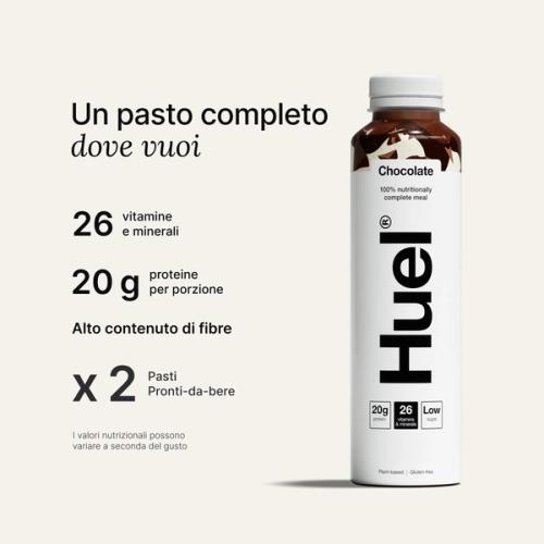 Una bottiglia di Chocolate Huel, bevanda pronta da bere ad alto contenuto proteico.