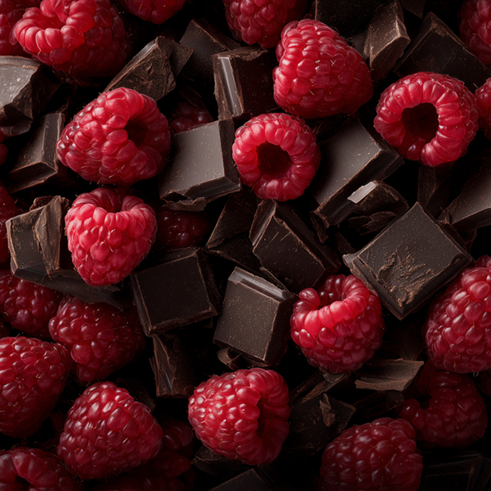 Pieces of dark chocolate mixed with raspberries