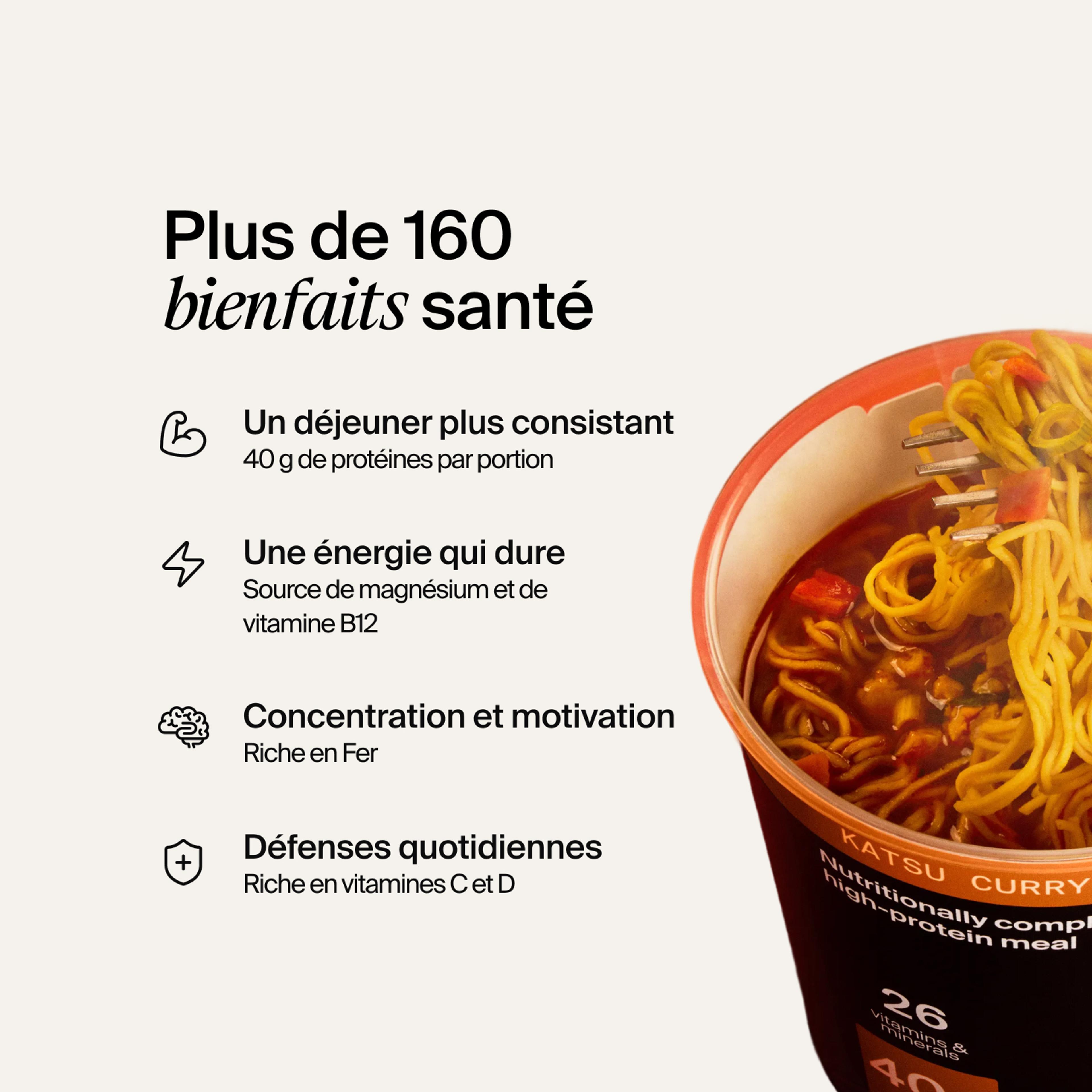 An open pot of Huel Black Edition Ramen on a neutral colour background with benefits listed