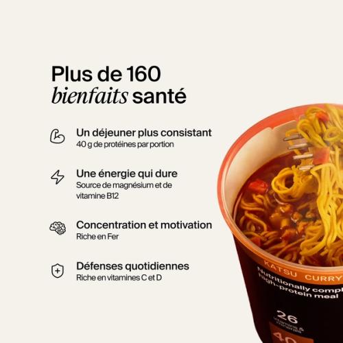 An open pot of Huel Black Edition Ramen on a neutral colour background with benefits listed