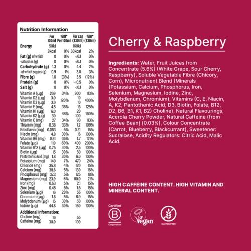 The back of a Cherry & Raspberry can showing the nutritional information; Has a 3 delicious flavours call-out: Pineapple & Mango, Cherry & Raspberry, Watermelon