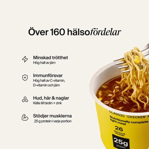 An open pot of Huel Lite Ramen on a neutral colour background with benefits listed