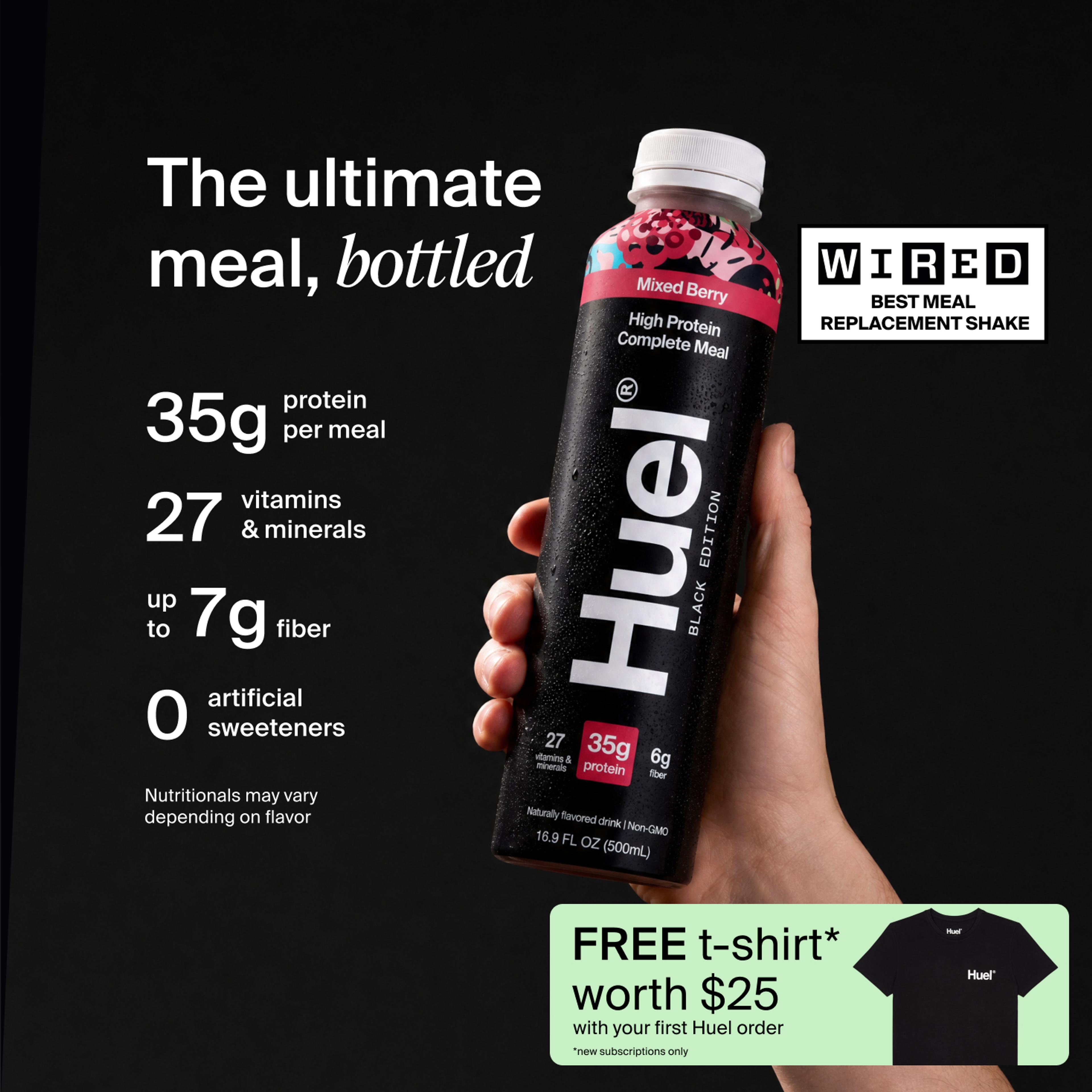 a hand holding a Bottle of Huel RTD with key benefits written next to it