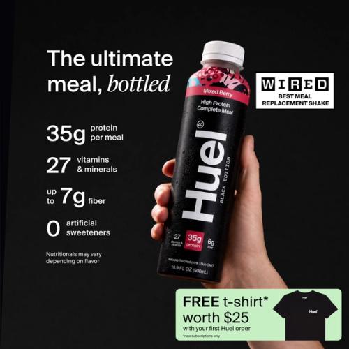 a hand holding a Bottle of Huel RTD with key benefits written next to it