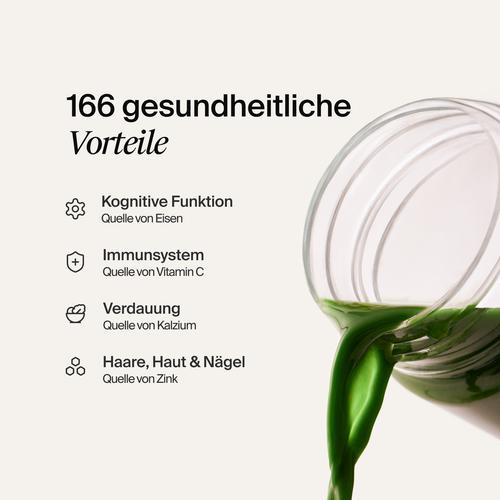 Hand, die eine Portion Huel Daily Greens Pulver in einen durchsichtigen Daily Greens Shaker schüttet.