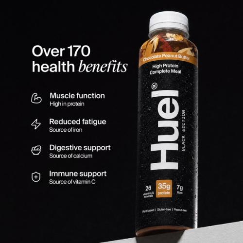 Bottle of Huel Ready-to-drink with health benefits written beside it