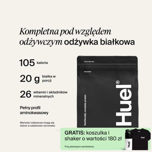 Czarna torba z proszkiem Huel Complete Protein na neutralnym tle, z kluczowymi korzyściami Huel wypisanymi obok.