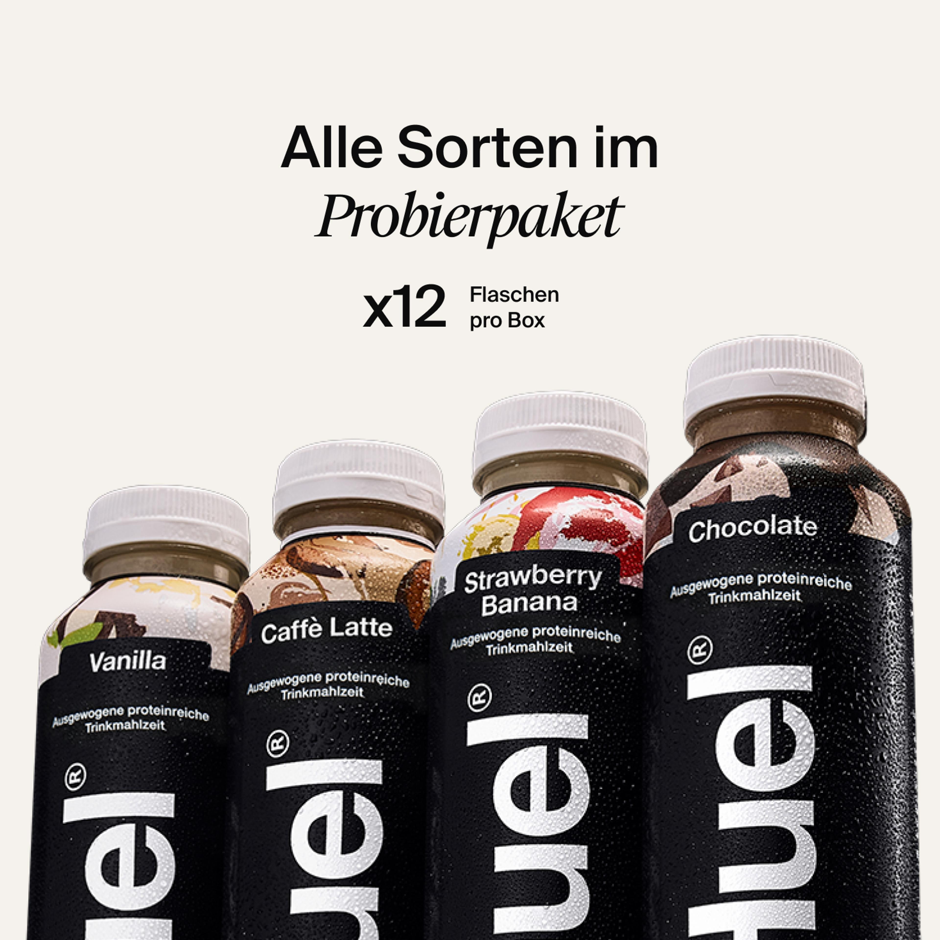 4 bottles of Huel Black Edition ready to drink showing the flavours in the selection box