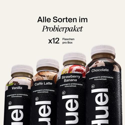 4 bottles of Huel Black Edition ready to drink showing the flavours in the selection box