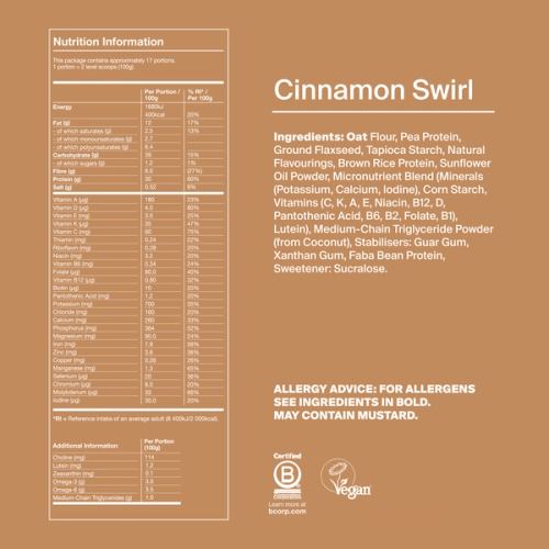 Back of pack nutritional information for Huel Powder