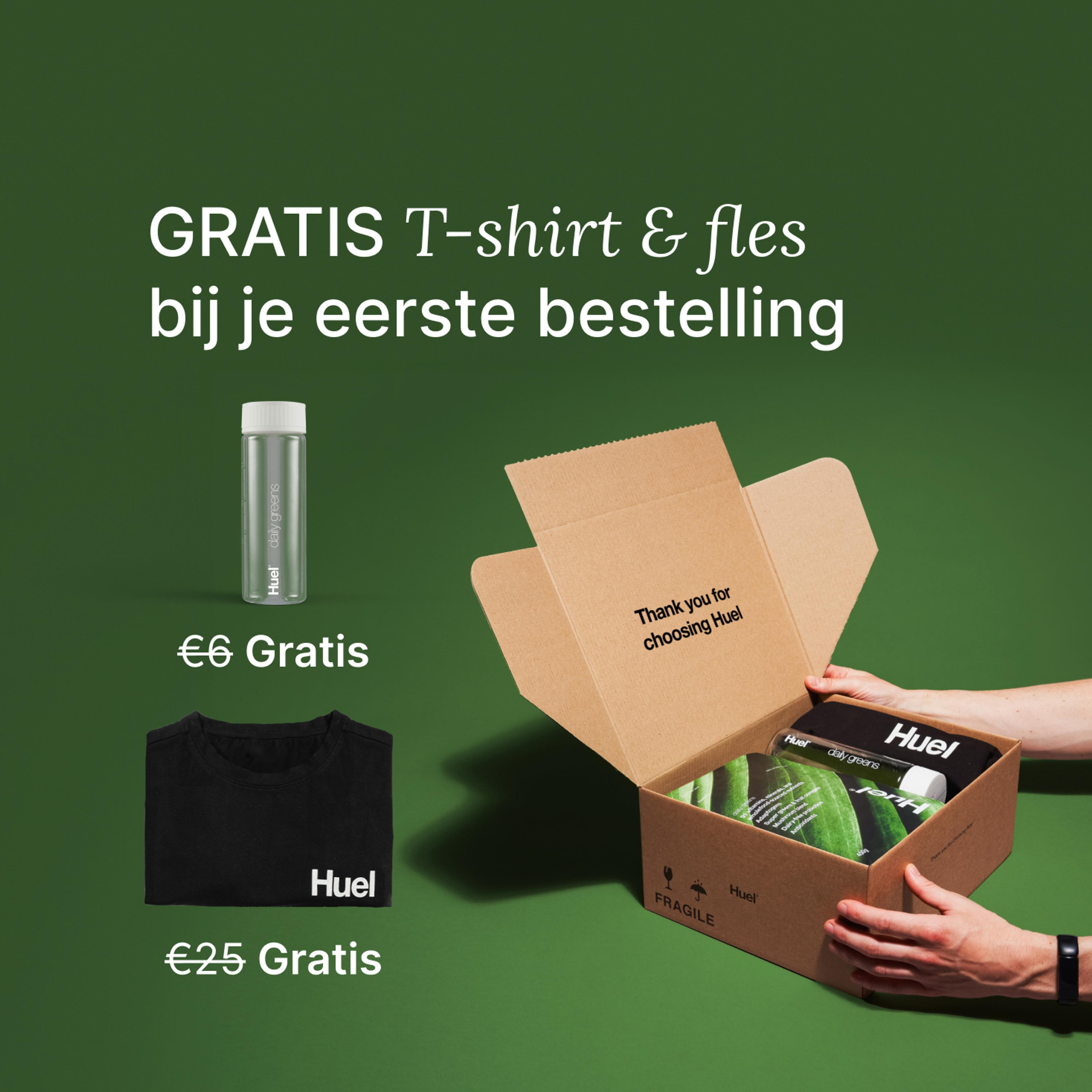 Unboxing a Huel order containing Daily Greens powder, a black Huel t-shirt, and a clear bottle, set against a green background.