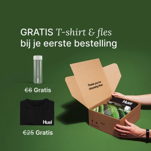 Unboxing a Huel order containing Daily Greens powder, a black Huel t-shirt, and a clear bottle, set against a green background.