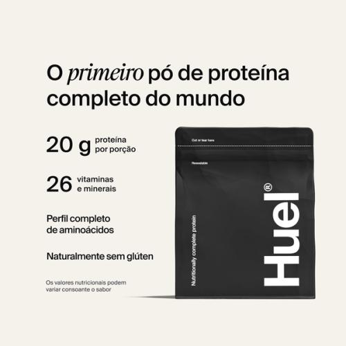 Black bag of Huel Complete Protein powder on a neutral colour background, accompanied by key benefits of Huel