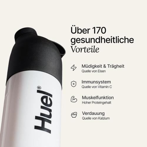 A black and white Huel Shaker set against a neutral background, accompanied by health benefit callouts