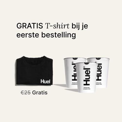 Free t-shirt & delivery with your first order wording with imagery of the free T-shirt alongside 3 Huel Pots