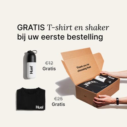 Image of a Huel unboxing, shaker and black t-shirt