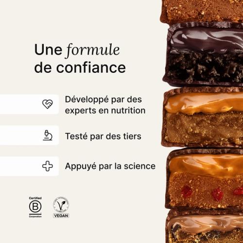 A stack of Huel caramel and peanut bars next to scientific claims about Huel products