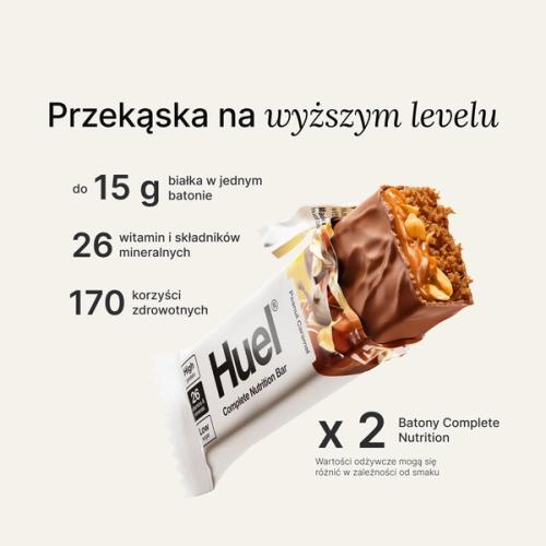 Zdjęcie batona proteinowego Huel Complete Nutrition w rozerwanym opakowaniu