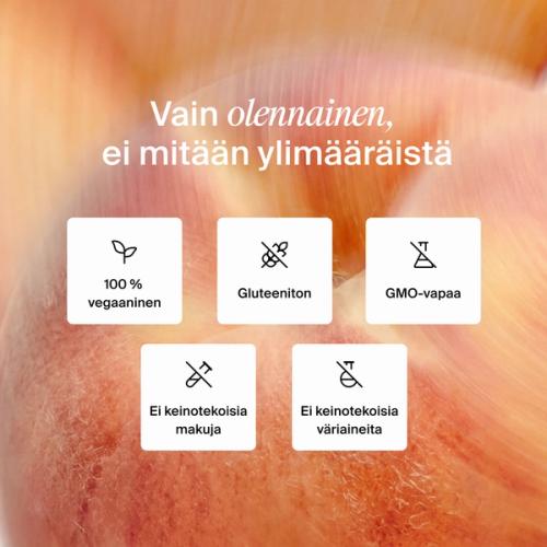 Vain se mitä tarvitset, ei mitään turhaa. Kasvipohjainen, gluteeniton, GMO-vapaa, ei keinotekoisia makuja, ei keinotekoisia väriaineita