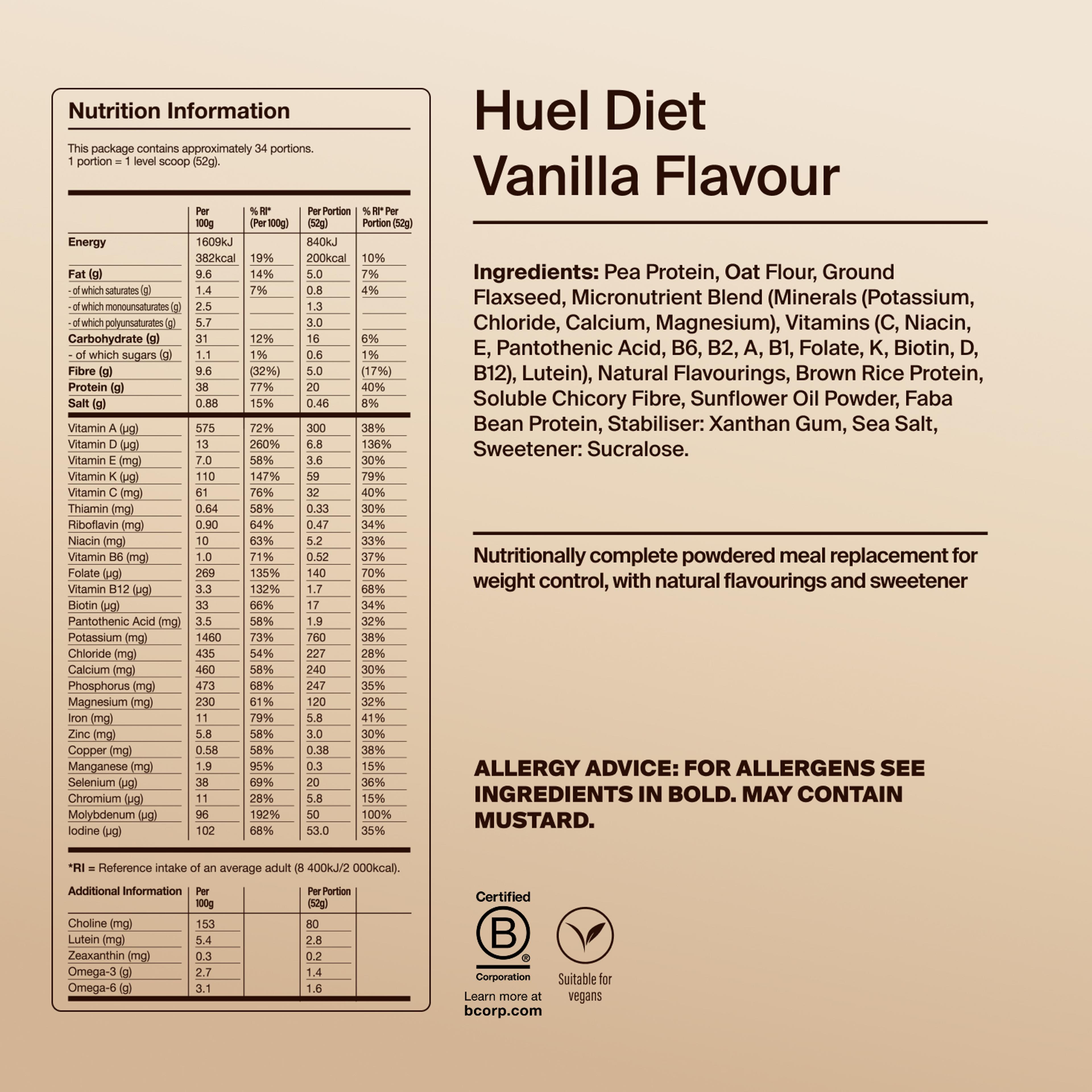 Back of pack nutritional information for Huel Diet Powder Vanilla Flavour