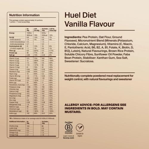 Back of pack nutritional information for Huel Diet Powder Vanilla Flavour